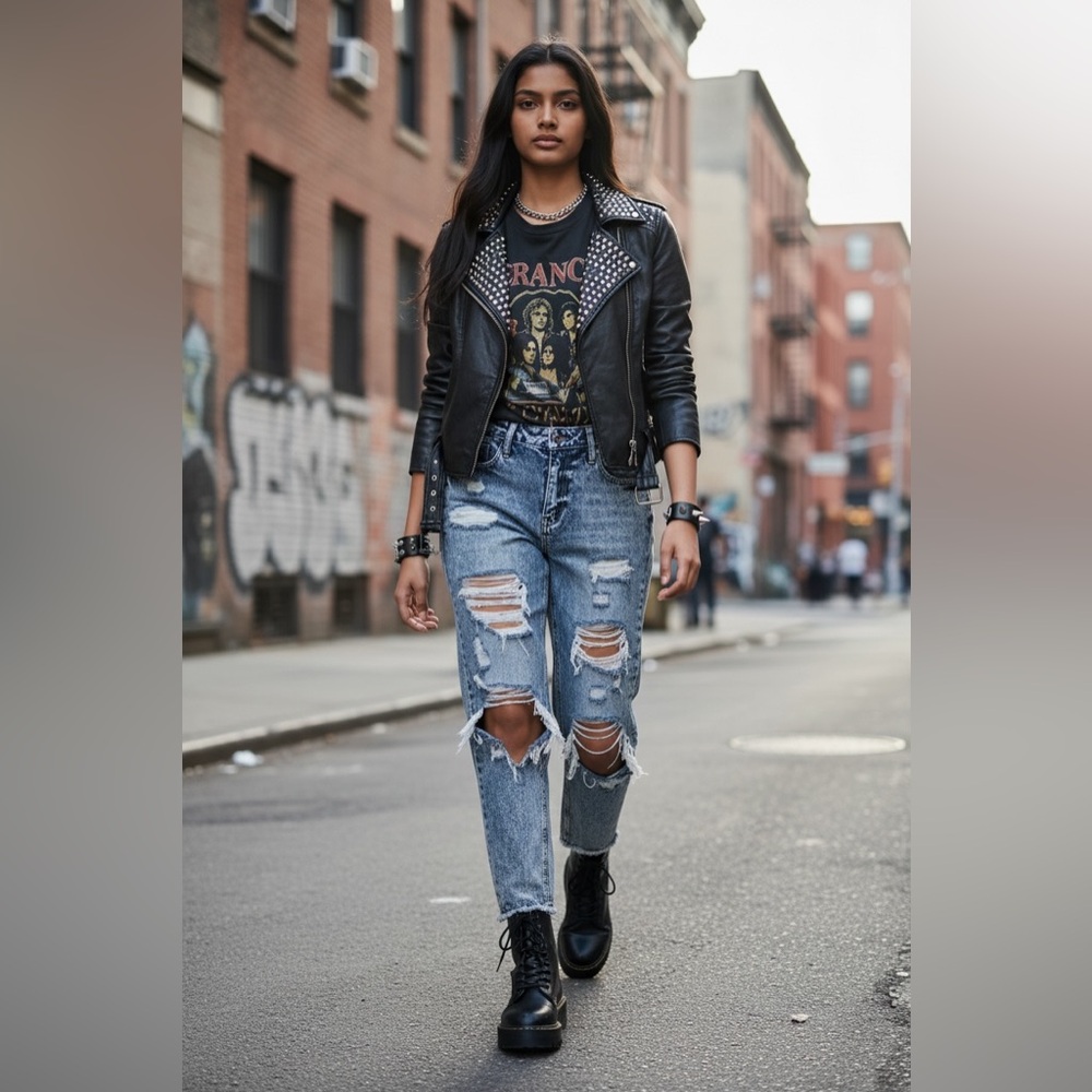 KanCan high-rise, relaxed-fit mom jeans in a light acid wash. Distressed Holes